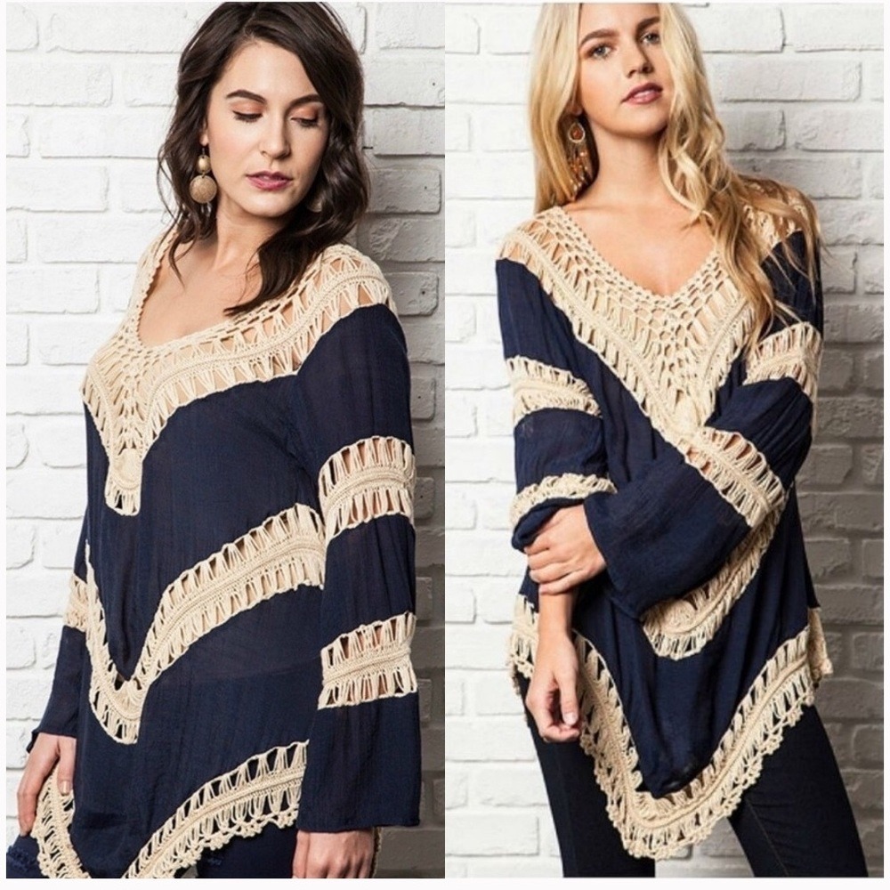 Boho Navy Blue Crochet Trim Tunic Top Macrame Fringe Bell Sleeve Sharkbite Hem S